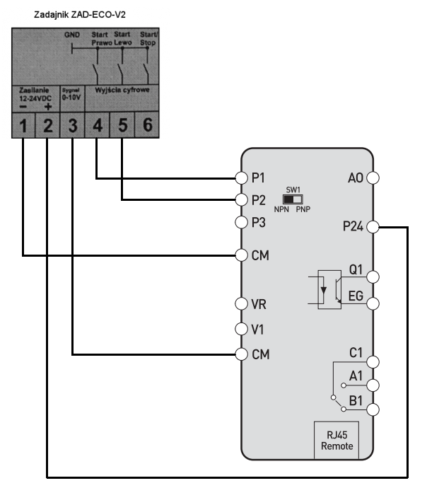 Falownik LG M100 - Zadajnik ZAD-ECO-V2 - Schemat Połączenia