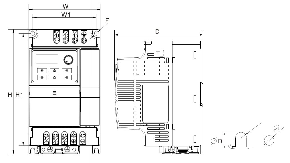 Wymiary Falowników Delta VFD-EL