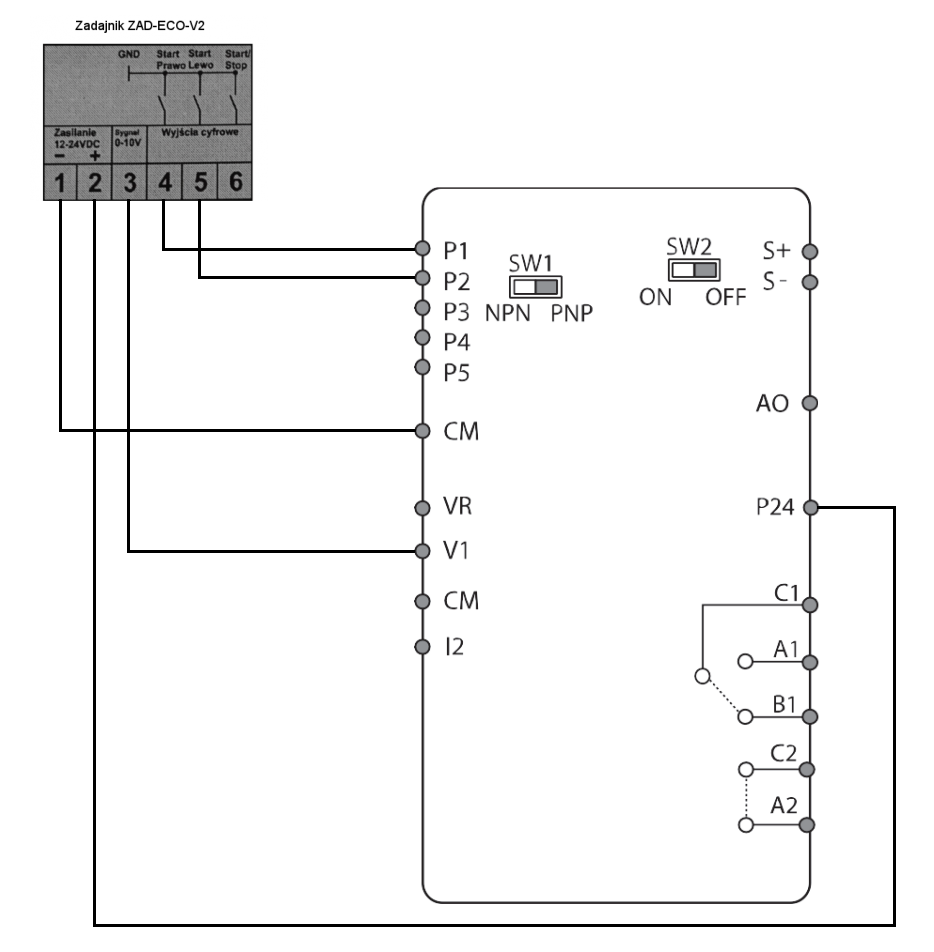 Schemat podłączenia zadajnika zad-eco-v2 do falownika LG G100