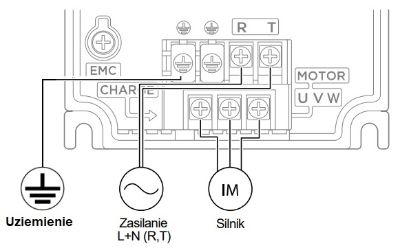 Podłączenie zasilania, uziemienia i silniika do falownika LG/LS M100