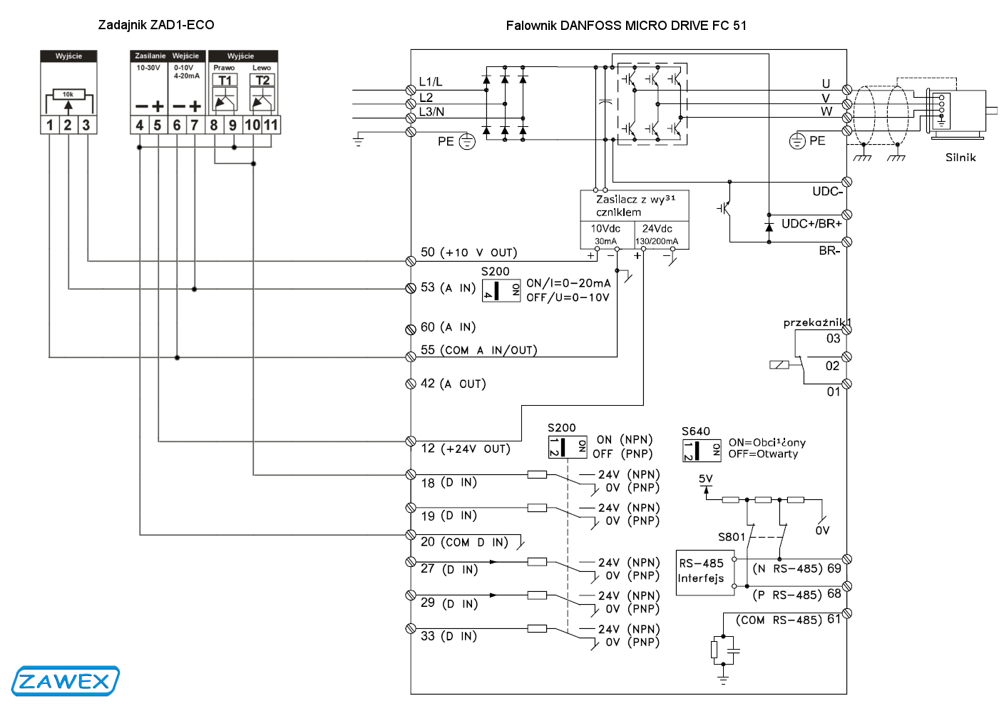 Schemat podłączenia - Danfoss Micro Drive FC 51 - zadajnik ZAD1-ECO