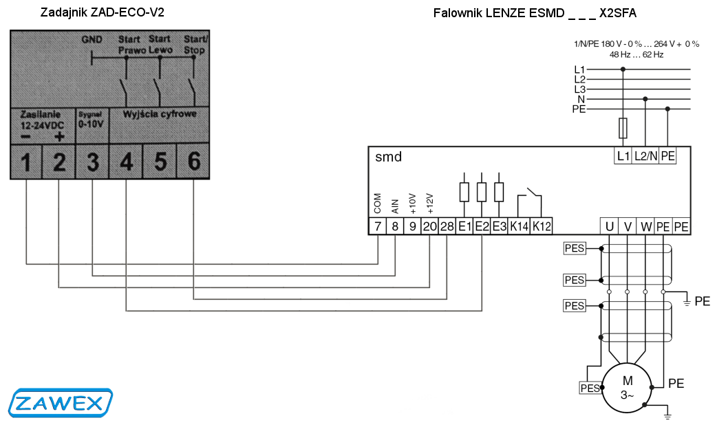 Schemat podłączenia zadajnika ZAD-ECO-V2 do falownika LENZE ESMD