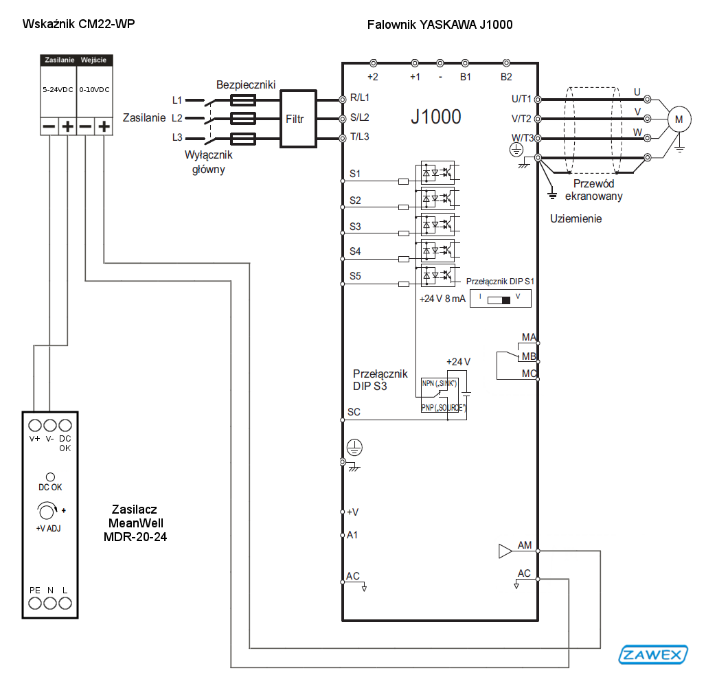 Wskaźnik CM22-WP - podłączenie do falownika Yaskawa J1000 - schemat