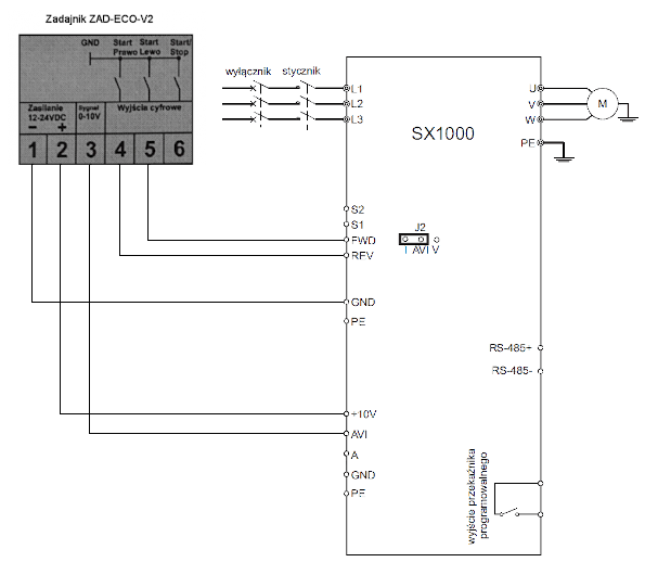 Schemat Połączenia Zadajnik ZAD-ECO-V2 - Falownik Sanyu SX1000