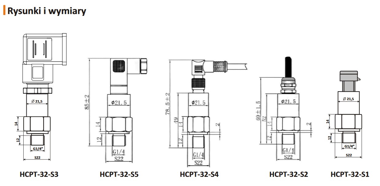 PRZETWORNIK CIŚNIENIA HCPT-32-S - WYMIARY
